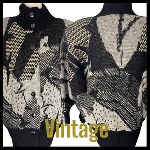 Vintage 80's Black/Grey/Gold Pattern Mohair High Neck Button Front Cardigan (M)